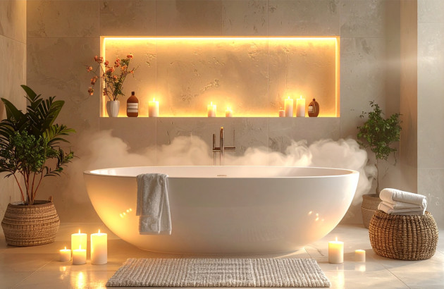 Baignoire îlot dans une ambiance spa avec bougies, vapeur et éclairage chaleureux, idéale pour se détendre.