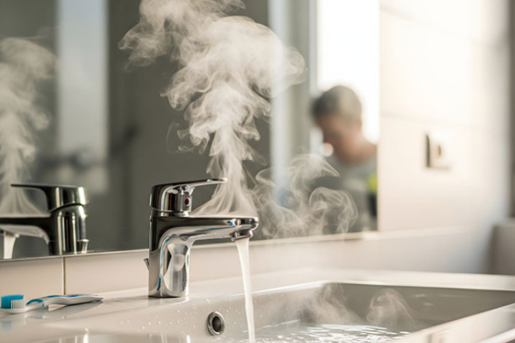 Chauffe-eau instantané alimentant un robinet de salle de bains avec eau chaude fumante, illustrant la production d’eau chaude sanitaire à la demande sans ballon de stockage.