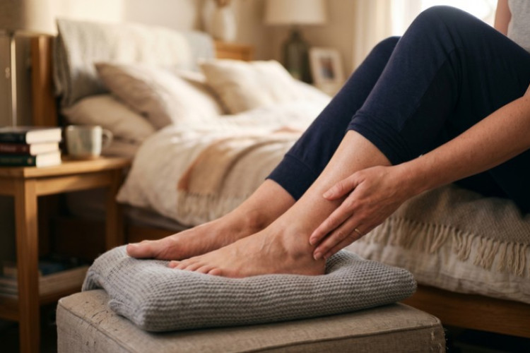 Femme assise sur un lit massant délicatement sa cheville et sa jambe.