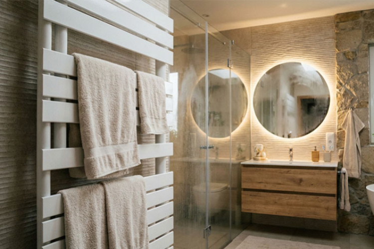 Sèche-serviettes mural avec serviettes dans une salle de bains moderne, chauffage efficace et ambiance confortable pour un usage quotidien.