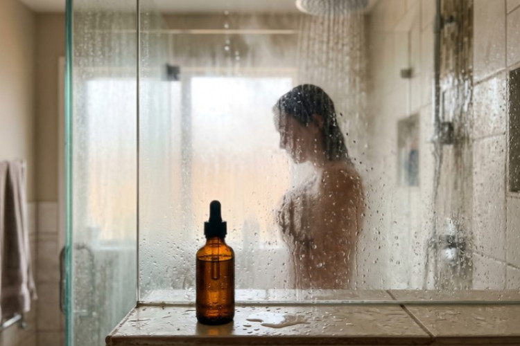 Douche avec flacon d’huile essentielle posé au premier plan pour une séance d’aromathérapie.