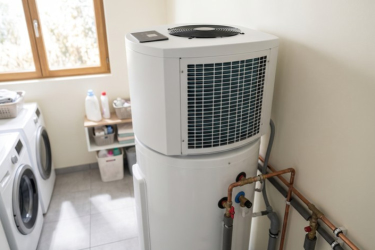 Chauffe-eau thermodynamique installé dans une buanderie.