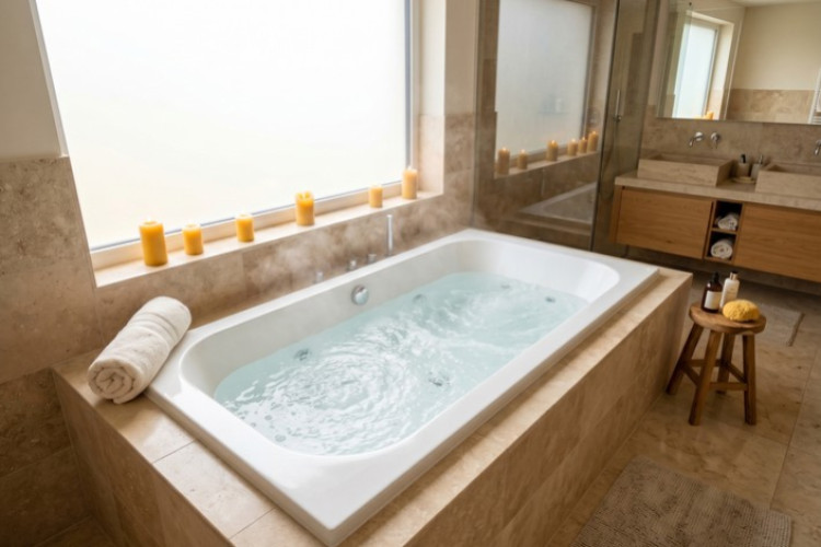 Baignoire balnéo encastrée remplie d’eau dans une salle de bains aux tons naturels.