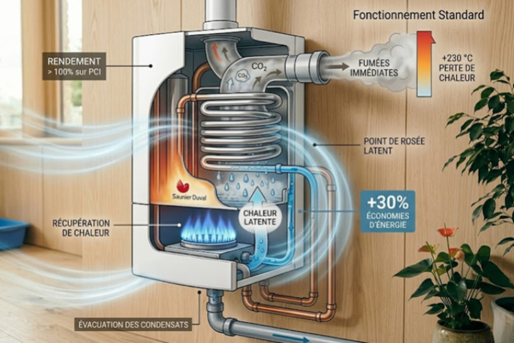 Schéma explicatif du fonctionnement d’une chaudière à condensation avec récupération de chaleur