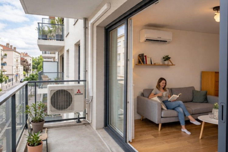 Climatisation split installée sur le balcon d’un appartement avec unité intérieure dans un salon moderne et lumineux.