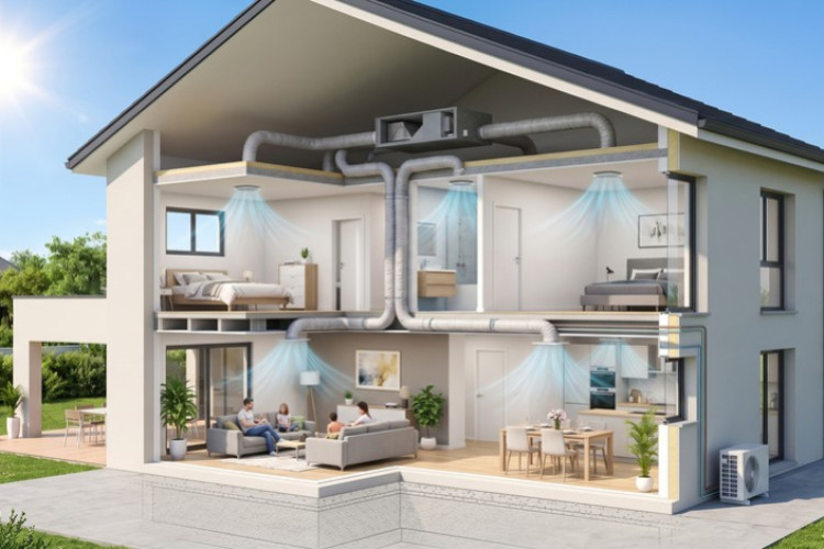 Maison en coupe avec climatisation gainable diffusant l’air frais dans plusieurs pièces via des conduits dissimulés