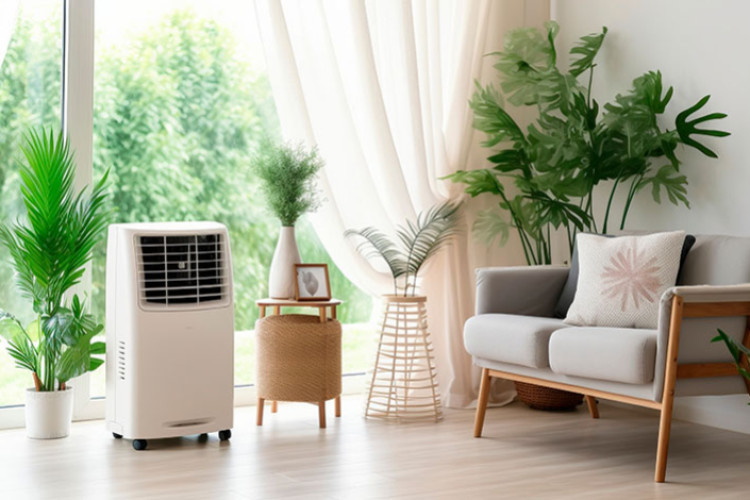 Climatiseur mobile dans un salon lumineux, entouré de plantes, pour rafraîchir la pièce en été.