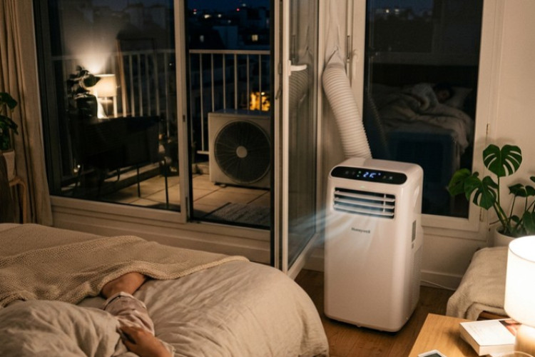 Climatiseur mobile silencieux installé dans une chambre pour des nuits plus fraîches