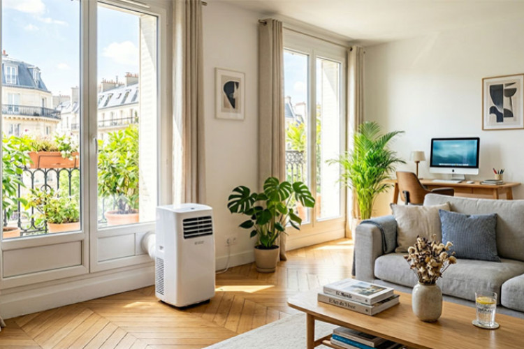 Salon lumineux avec climatiseur mobile près des baies vitrées, usage ponctuel en appartement.