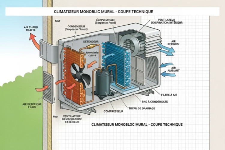 Schéma technique d’un climatiseur monobloc mural montrant le compresseur, les échangeurs et la circulation de l’air.