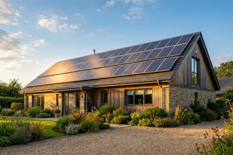 Maison individuelle équipée de panneaux solaires photovoltaïques installés sur une toiture inclinée, produisant de l’électricité grâce à l’énergie solaire dans un environnement résidentiel verdoyant.
