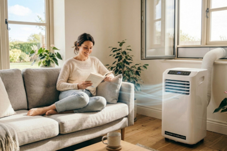 Femme assise sur un canapé utilisant une climatisation mobile dans un salon lumineux