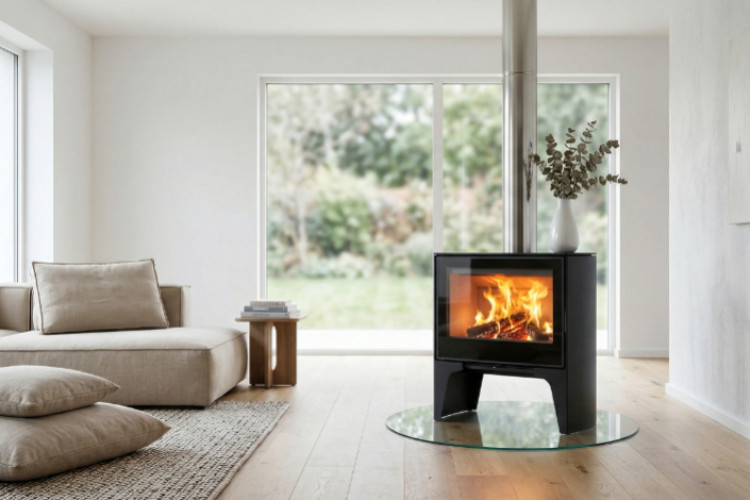 Poêle à bois contemporain installé dans un salon épuré, avec flammes visibles et diffusion de chaleur, illustrant un chauffage au bois performant et design.