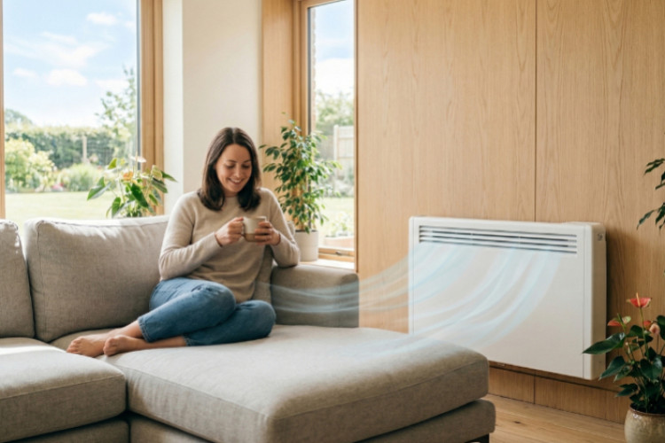 Radiateur électrique mural diffusant une chaleur douce dans un salon lumineux, assurant un confort thermique agréable au quotidien.
