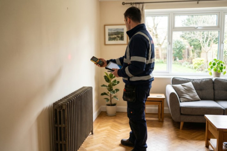 Professionnel réalisant un diagnostic du système de chauffage dans une maison équipée d’un radiateur en fonte.