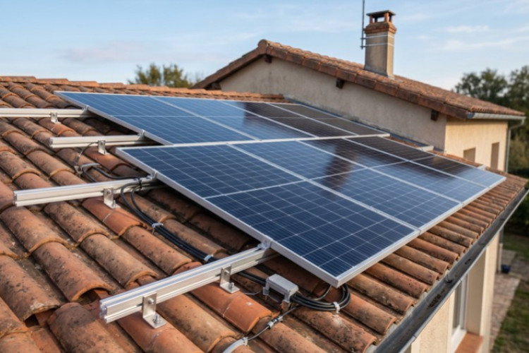 Panneaux solaires photovoltaïques installés sur la toiture en tuiles d’une maison.