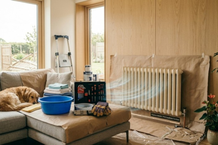 Ancien radiateur en fonte à démonter dans un salon protégé avant rénovation chauffage