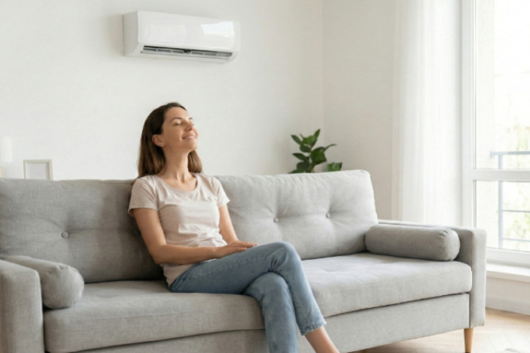   Femme détendue dans un salon moderne sous une climatisation murale en fonctionnement