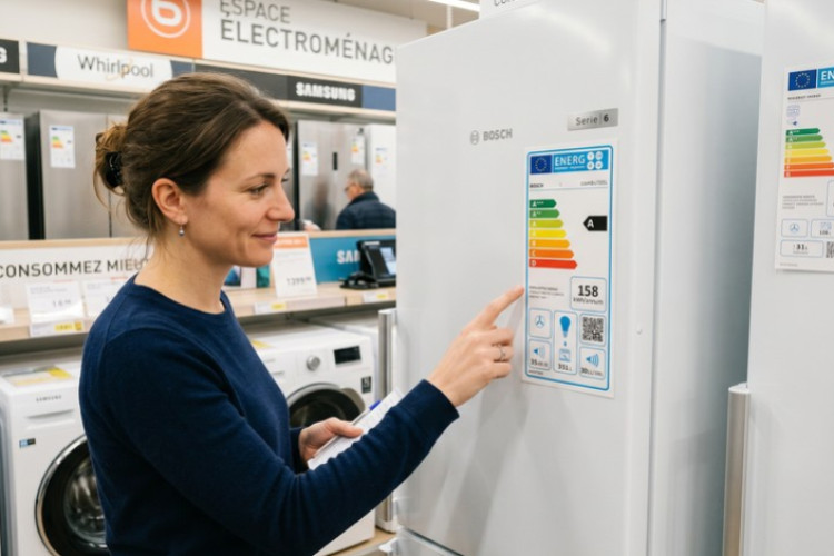 Lecture de l’étiquette énergie d’un réfrigérateur en magasin d’électroménager