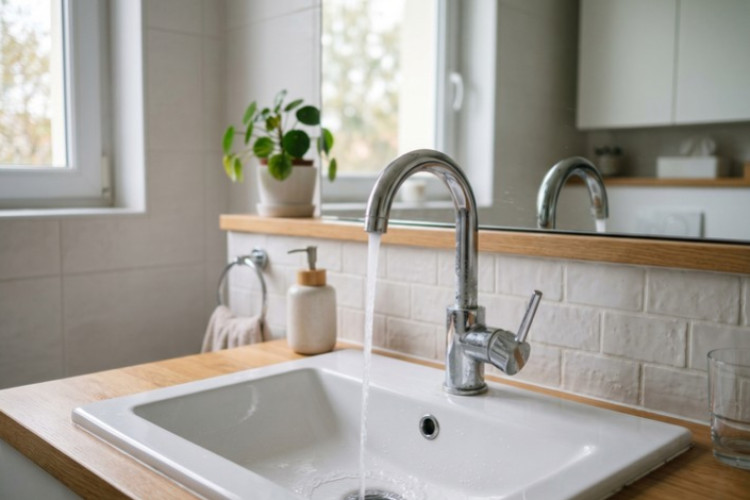 Robinet de lavabo ouvert avec écoulement d’eau dans une salle de bains lumineuse.