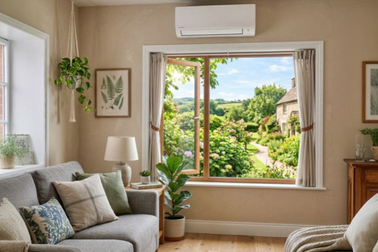 Climatisation murale installée dans un salon lumineux ouvert sur un jardin verdoyant.