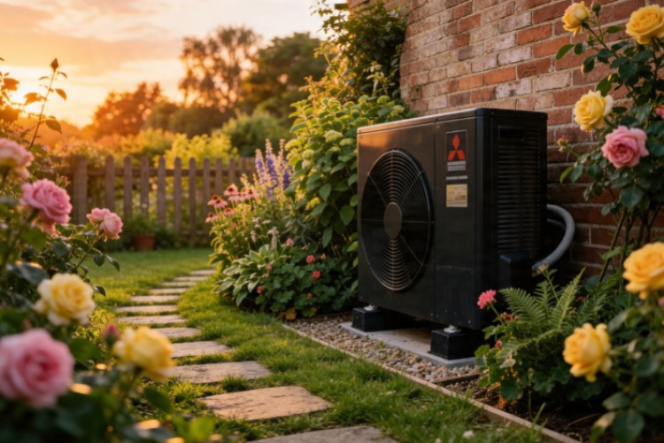 Pompe à chaleur extérieure installée dans un jardin fleuri au coucher du soleil