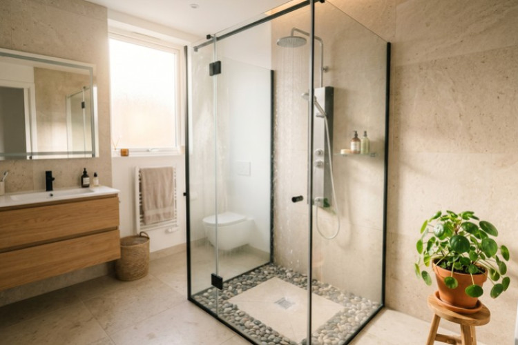 Douche à l’italienne vitrée avec douche de tête dans une salle de bains moderne et lumineuse.