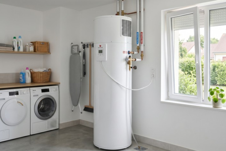 Chauffe-eau thermodynamique installé dans une buanderie lumineuse