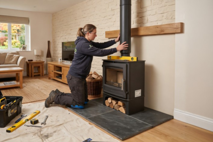 Installation d’un poêle à bois dans un salon avec raccordement du conduit de fumée.
