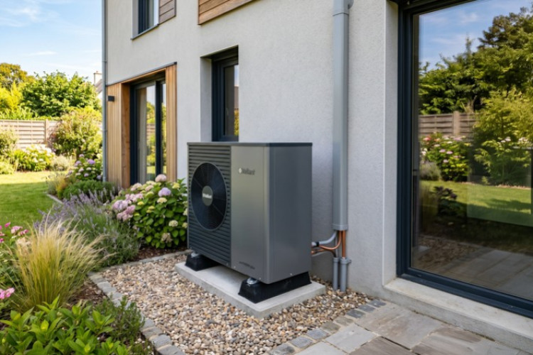 Pompe à chaleur air/eau installée à l’extérieur d’une maison individuelle moderne