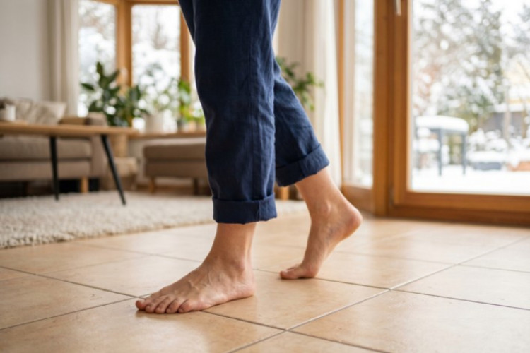 Personne marchant pieds nus sur un sol chauffant.