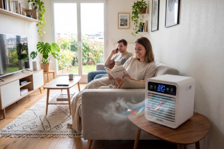 Mini climatiseur compact diffusant de l’air frais dans un salon lumineux, avec occupants profitant d’un intérieur confortable en été.