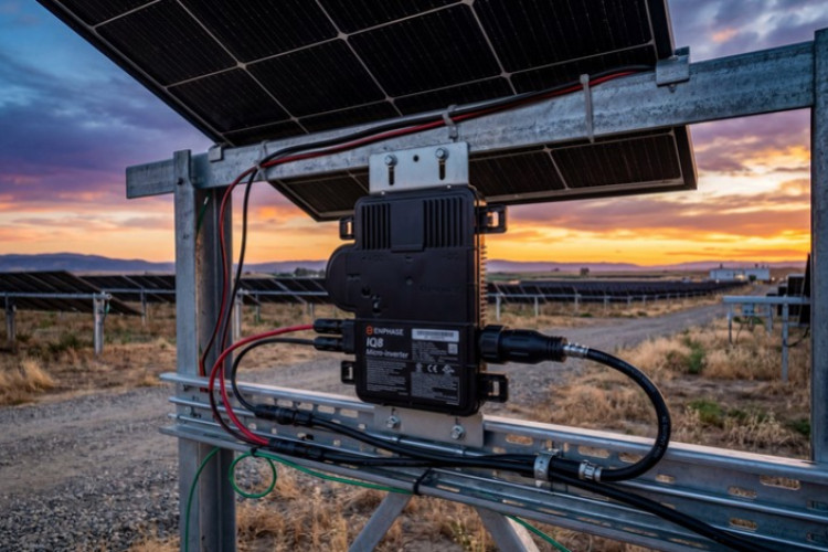 Gros plan sur un micro-onduleur installé sous un panneau solaire dans une centrale photovoltaïque.
