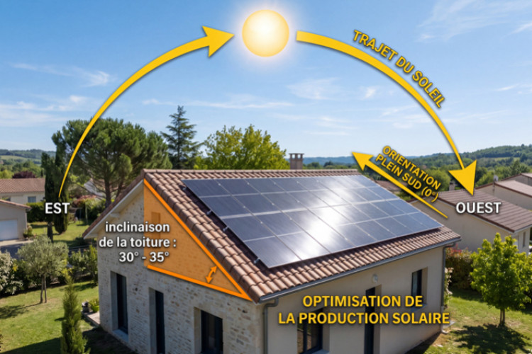 Orientation idéale des panneaux solaires sur toiture plein sud avec inclinaison optimale.