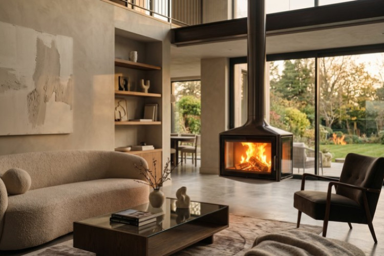Salon contemporain avec poêle à bois suspendu et grandes baies vitrées ouvertes sur le jardin.