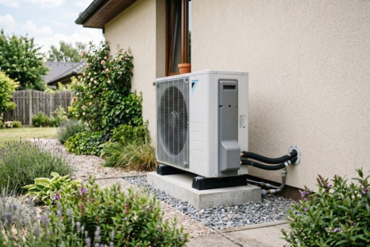 Unité extérieure d’une pompe à chaleur air-eau installée contre la façade d’une maison.