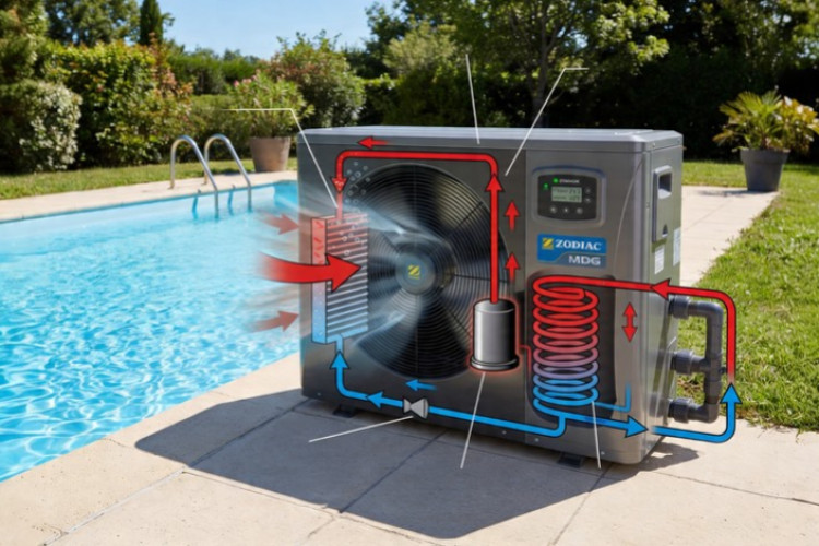 Schéma du fonctionnement d’une pompe à chaleur piscine avec circulation de l’air, du fluide frigorigène et transfert de chaleur vers l’eau du bassin.