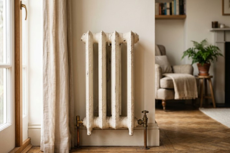 Radiateur en fonte ancien installé dans un intérieur chaleureux.
