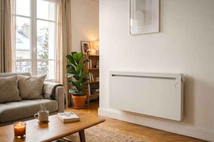 Radiateur électrique à inertie blanc installé dans un salon lumineux et contemporain.