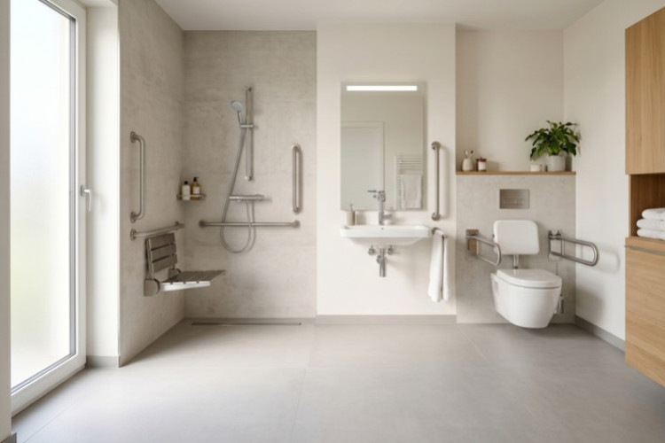 Salle de bains PMR avec douche accessible et équipements ergonomiques.