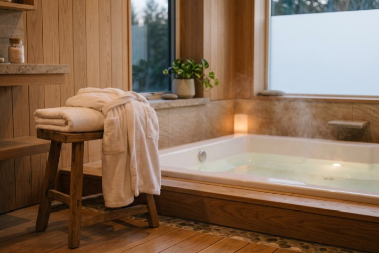 Salle de bains lumineuse avec douche équipée d’une paroi vitrée pivotante et d’un receveur blanc.