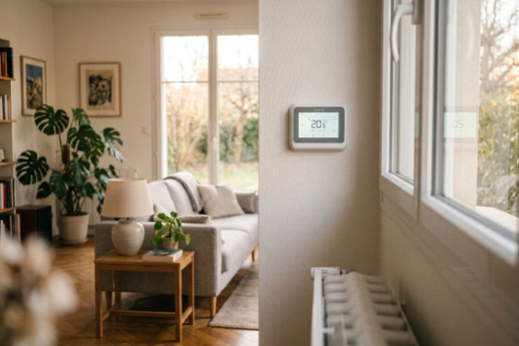 Thermostat d’ambiance numérique installé dans un salon lumineux avec radiateur sous la fenêtre.