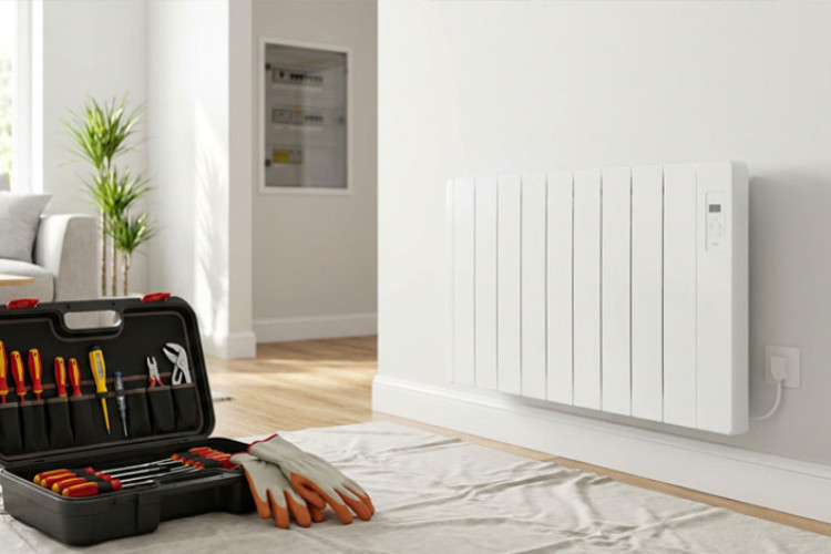Radiateur électrique mural en cours d’installation avec outils au sol, illustrant le branchement et la pose d’un chauffage électrique domestique.
