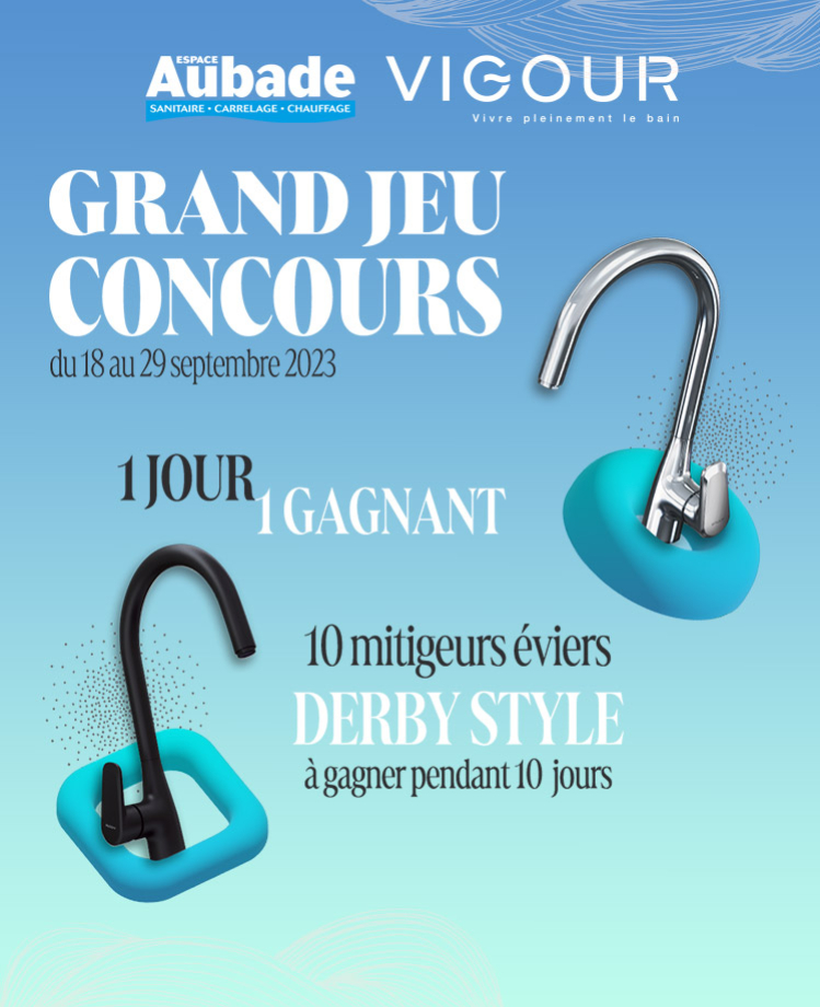 Slider de présentation du jeu concours Aubade et Vigour pour le mitigeur évier Derby Style