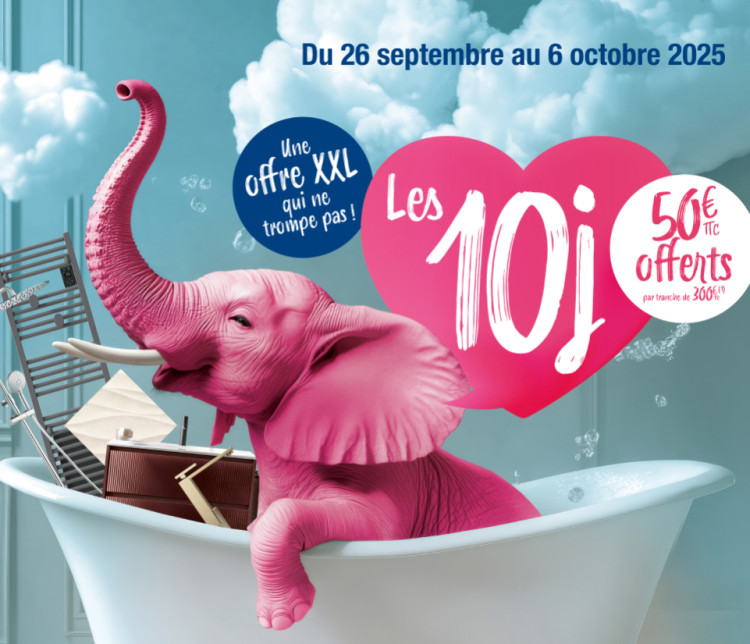 Une de l'actualité 10j Espace Aubade 2025, éléphant rose et produits de salle de bains