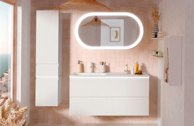 ensemble de salle de bains avec meuble, colonne et miroir lumineux