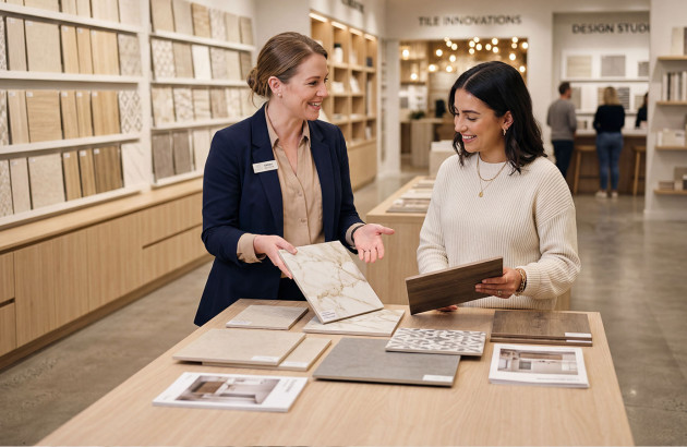 Conseillère en magasin aidant une cliente à choisir des carreaux de carrelage