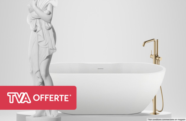 Baignoire ilot et statue sur un fond blanc avec mention TVA offerte