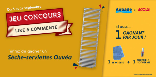 Jeu Concours : 10 lots de serviettes et bouteilles isothèmes + 1 Sèche-serviettes Ouvéa Acova