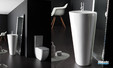 WC sur pied et lavabo Menhir de Laufen, collection Palomba